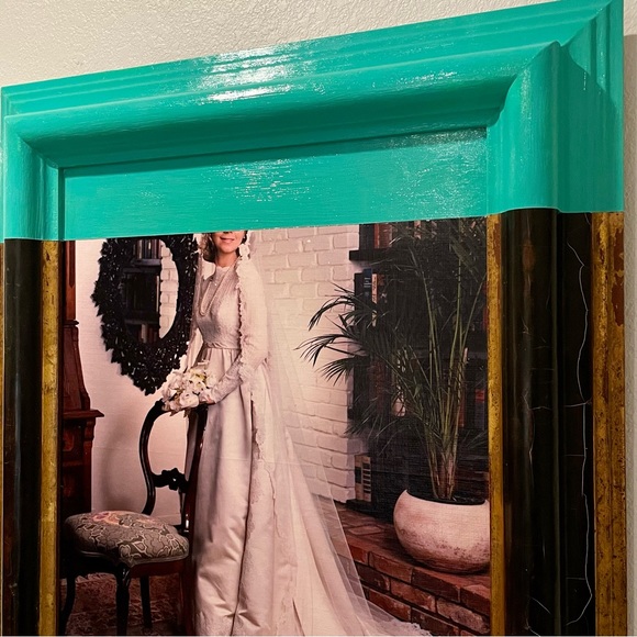 Turquoise Dip Dyed Art: Antique Frame with Photo of Vintage 70s Bride - Picture 3 of 8